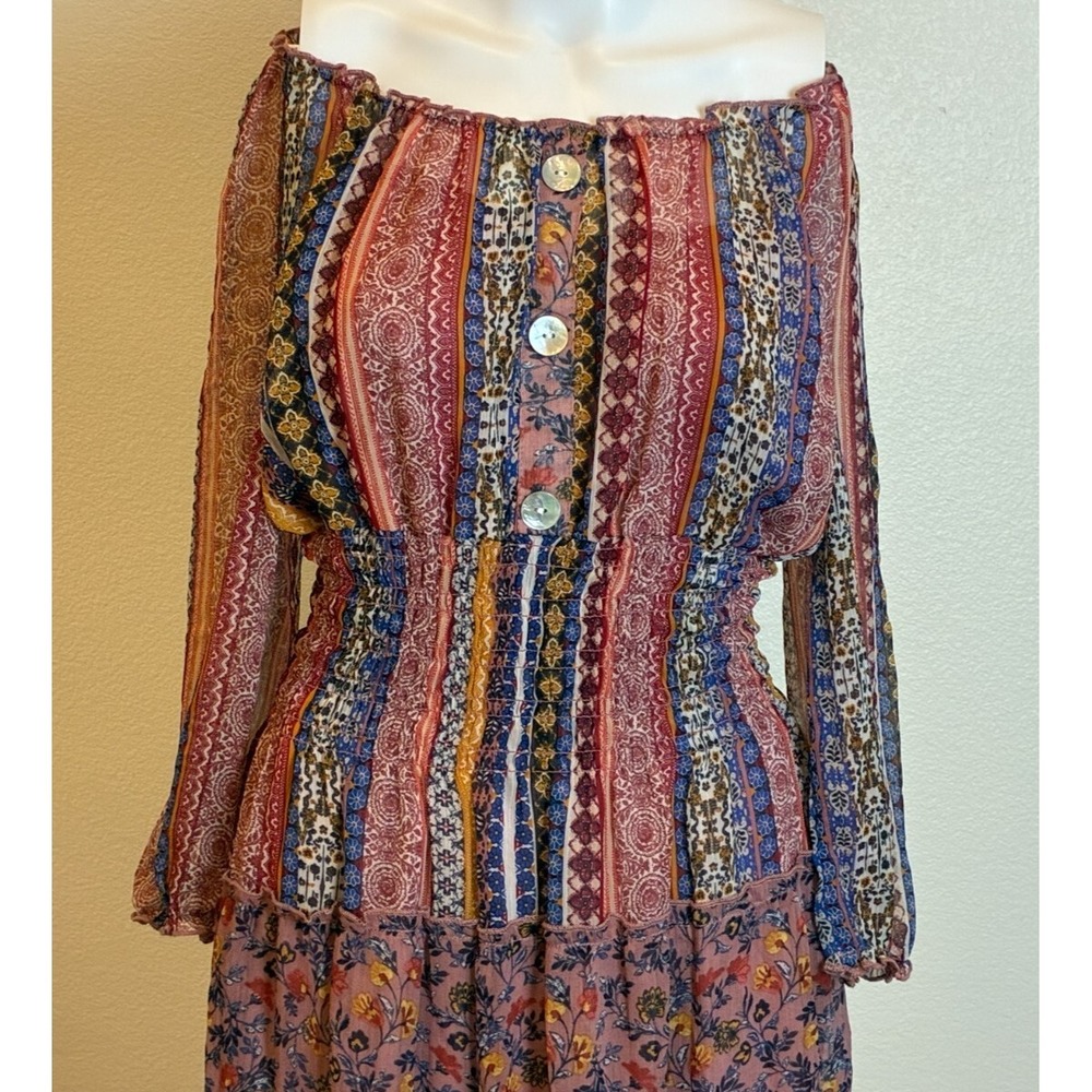 Fig & Flower Floral Tiered‎ Patchwork Boho Smocked Maxi Dress S Cottage Peasant - Picture 3 of 14